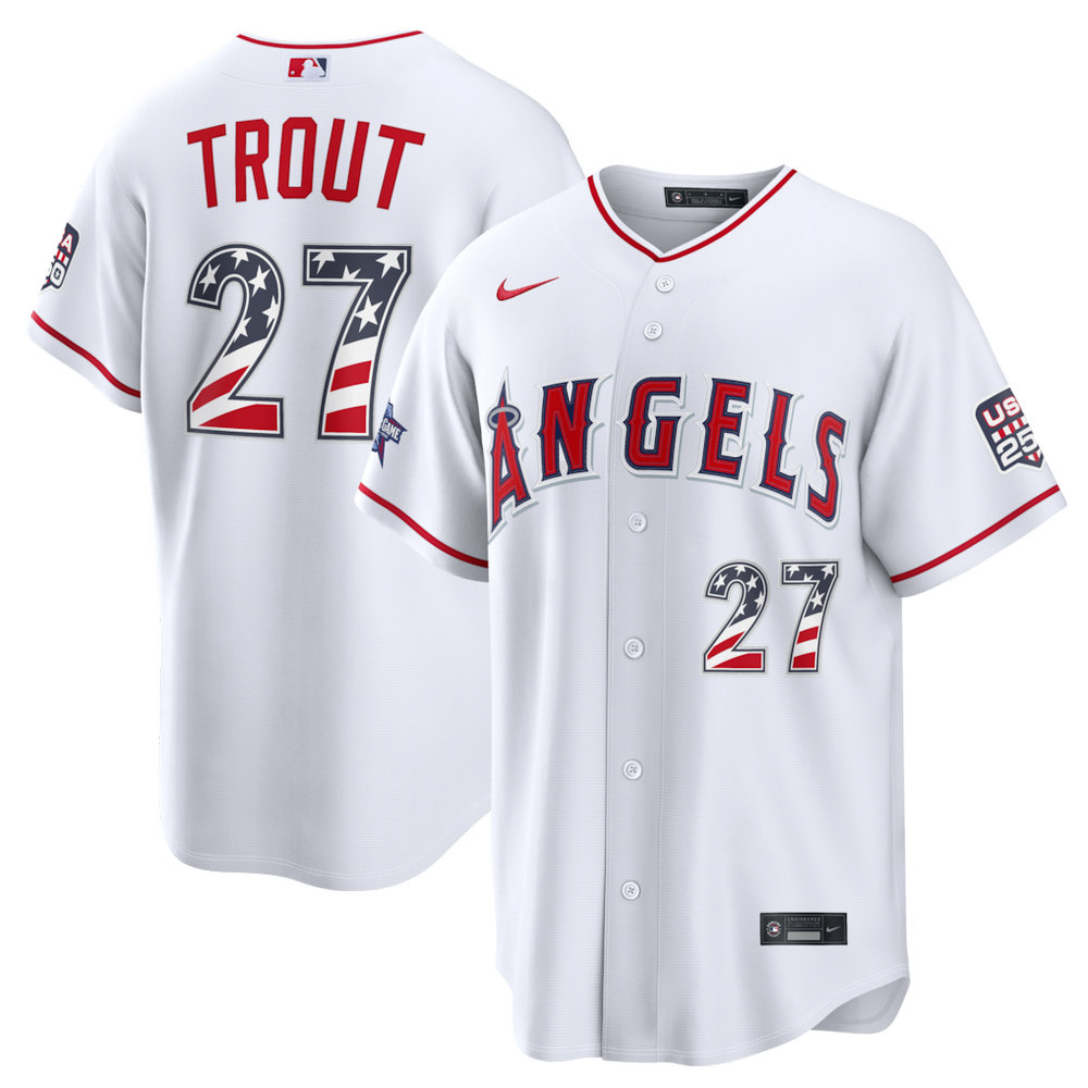 Men's Los Angeles Angels #27 Mike Trout Nike White 2026 All-Star Edition Stars & Stripes Stadium Jersey Men's Los Angeles Angels #27 Mike Trout Nike White 2026 All-Star Edition Stars & Stripes Stadium Jersey