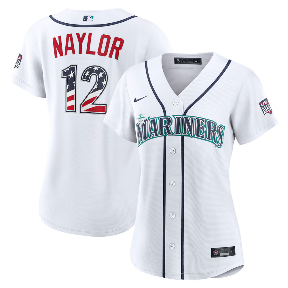 Women's Seattle Mariners #12 Josh Naylor Nike White USA 250 Fourth of July Home Stadium Jersey Women's Seattle Mariners #12 Josh Naylor Nike White USA 250 Fourth of July Home Stadium Jersey