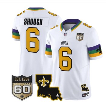 Men's New Orleans Saints #6 Tyler Shough White 60th Anniversary Patch Vapor F.U.S.E. Limited Jersey Men's New Orleans Saints #6 Tyler Shough White 60th Anniversary Patch Vapor F.U.S.E. Limited Jersey