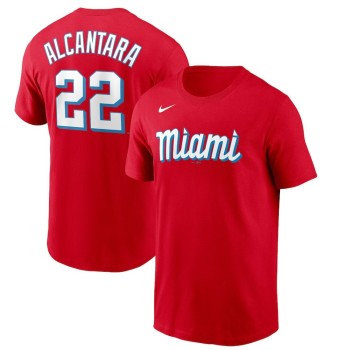 Men's Miami Marlins Nike #22 Sandy Alcantara Red 2021 City Connect Name & Number T-Shirt Men's Miami Marlins Nike #22 Sandy Alcantara Red 2021 City Connect Name & Number T-Shirt