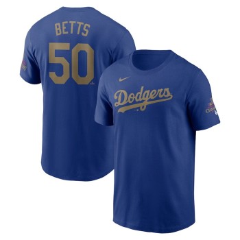 Men's Los Angeles Dodgers #50 Mookie Betts Royal 2025 Gold Collection Name & Number T-Shirt