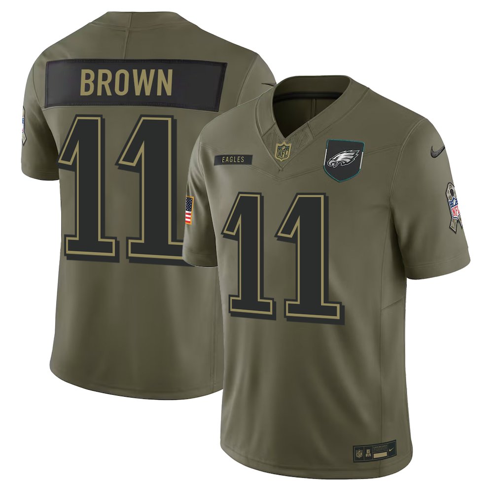Men's Philadelphia Eagles #11 A.J. Brown Nike Olive 2025 Salute to Service Retired Limited Jersey
