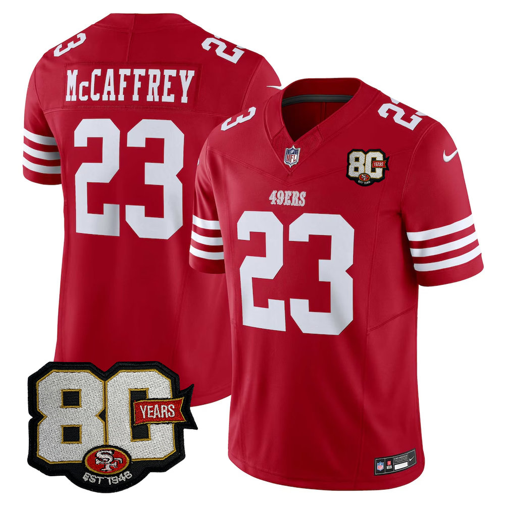 Men's San Francisco 49ers #23 Christian McCaffrey Red 80 Anniversary Vapor F.U.S.E. Limited Jersey Men's San Francisco 49ers #23 Christian McCaffrey Red 80 Anniversary Vapor F.U.S.E. Limited Jersey