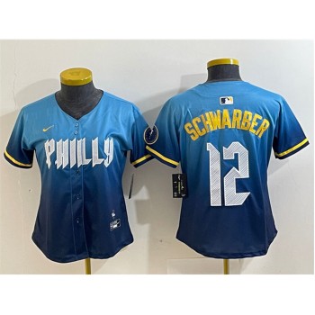 Women's Philadelphia Phillies #12 Kyle Schwarber Blue 2024 City Connect Limited Stitched Baseball Jersey Women's Philadelphia Phillies #12 Kyle Schwarber Blue 2024 City Connect Limited Stitched Baseball Jersey