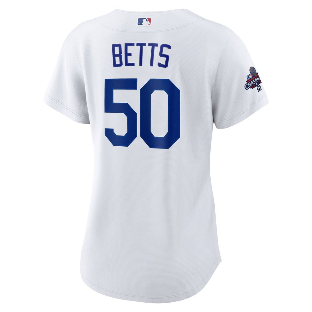 Women's Los Angeles Dodgers #50 Mookie Betts White 2024 World Series Champions Home Replica Player Jersey