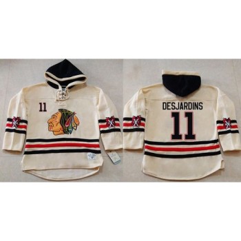 Blackhawks #11 Andrew Desjardins Cream Heavyweight Pullover Hoodie Stitched NHL Jersey