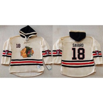 Blackhawks #18 Denis Savard Cream Heavyweight Pullover Hoodie Stitched NHL Jersey