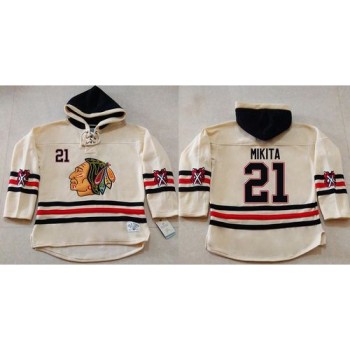 Blackhawks #21 Stan Mikita Cream Heavyweight Pullover Hoodie Stitched NHL Jersey