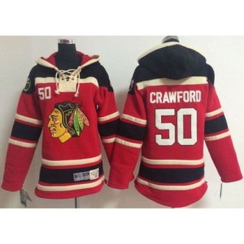 Blackhawks #50 Corey Crawford Red Sawyer Hooded Sweatshirt Stitched Youth NHL Jersey
