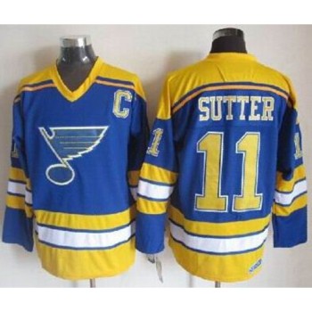 Blues #11 Brian Sutter Light Blue/Yellow CCM Throwback Stitched NHL Jersey