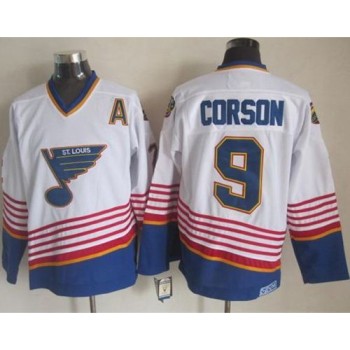 Blues #9 Shayne Corson White/Light Blue CCM Throwback Stitched NHL Jersey