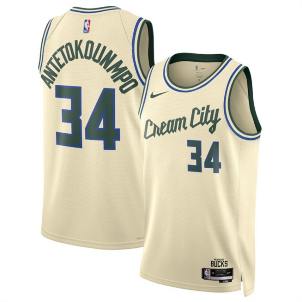 Men's Milwaukee Bucks #34 Giannis Antetokounmpo Cream 2025/26 City Edition Stitched Basketball Jersey