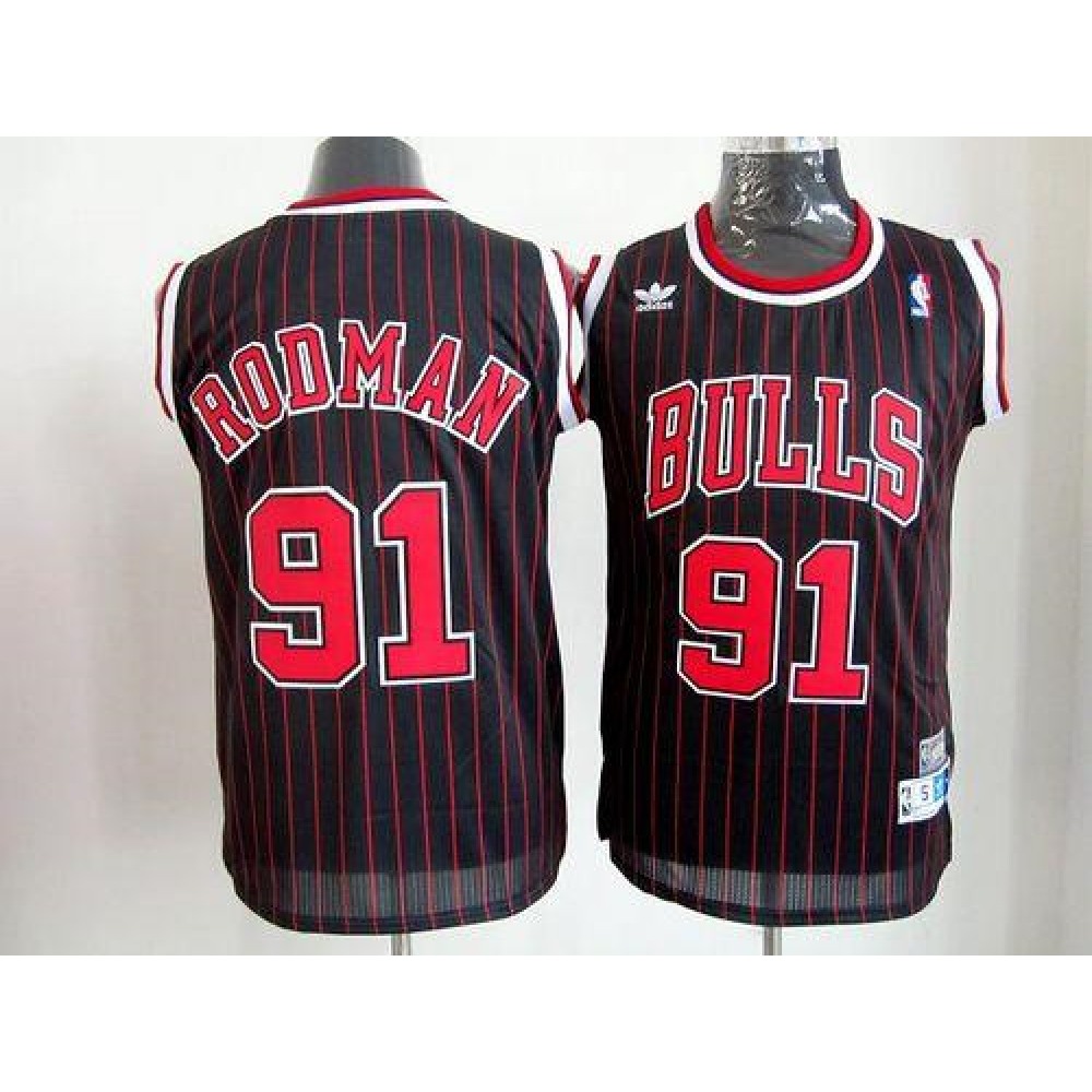 Bulls #91 Dennis Rodman Black With Red Strip Throwback Stitched NBA Jersey