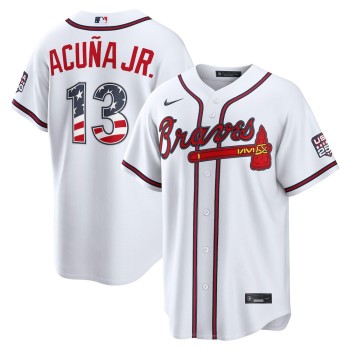 Men's Atlanta Braves #13 Ronald Acuna Jr. Nike White USA 250 Fourth of July Home Stadium Jersey Men's Atlanta Braves #13 Ronald Acuna Jr. Nike White USA 250 Fourth of July Home Stadium Jersey