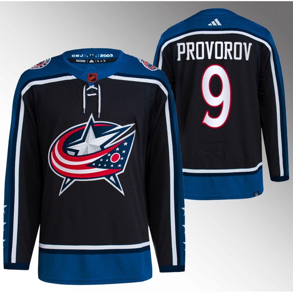 Men's Columbus Blue Jackets #9 Ivan Provorov Black 2022-23 Reverse Retro Stitched Premium Jersey Men's Columbus Blue Jackets #9 Ivan Provorov Black 2022-23 Reverse Retro Stitched Premium Jersey