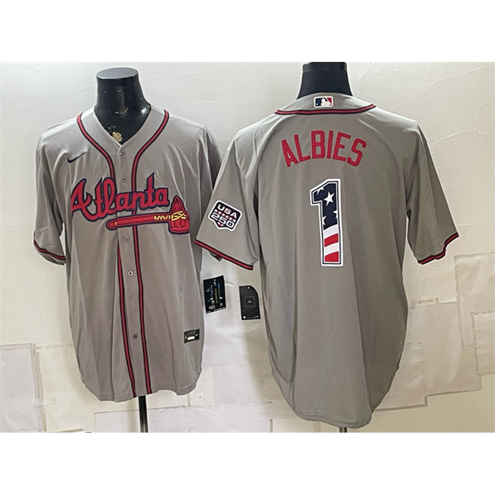 Men's Atlanta Braves #1 Ozzie Albies Grey USA 250 Fourth of July Home Stadium Jersey Men's Atlanta Braves #1 Ozzie Albies Grey USA 250 Fourth of July Home Stadium Jersey