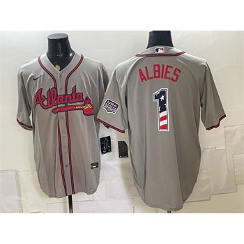 Men's Atlanta Braves #1 Ozzie Albies Grey USA 250 Fourth of July Home Stadium Jersey