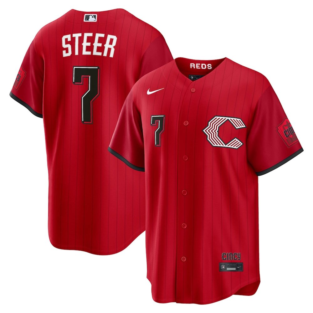 Men's Cincinnati Reds #7 Spencer Steer Red 2026 City Connect Stitched Jersey Men's Cincinnati Reds #7 Spencer Steer Red 2026 City Connect Stitched Jersey