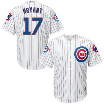 Cubs #17 Kris Bryant White Strip New Cool Base with 100 Years at Wrigley Field Commemorative Patch Stitched MLB Jersey