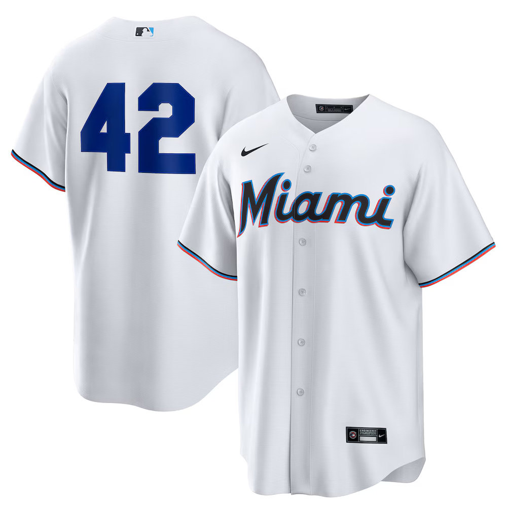Men's Miami Marlins #42 Jackie Robinson Nike White Home 2025 Jackie Robinson Day Replica Jersey Men's Miami Marlins #42 Jackie Robinson Nike White Home 2025 Jackie Robinson Day Replica Jersey