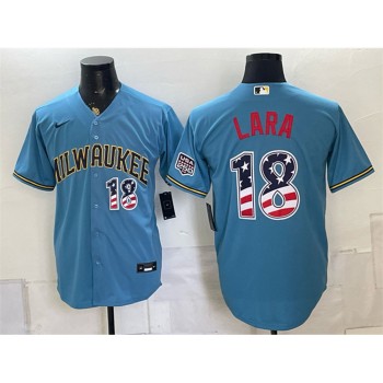 Men's Milwaukee Brewers #18 Luis Lara Blue 2026 USA 250 Fourth of July Home Stadium Jersey