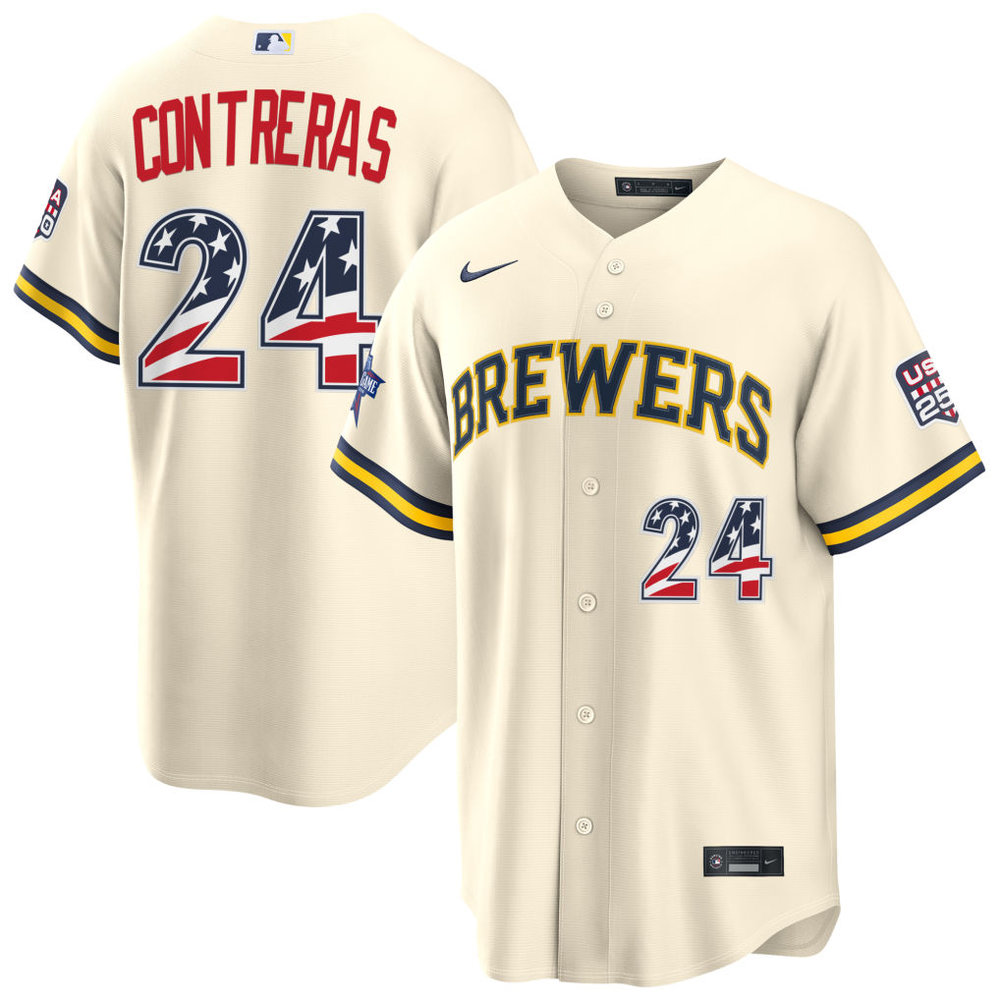 Youth Milwaukee Brewers #24 William Contreras Nike Cream 2026 All-Star Edition Stars & Stripes Stadium Jersey Youth Milwaukee Brewers #24 William Contreras Nike Cream 2026 All-Star Edition Stars & Stripes Stadium Jersey