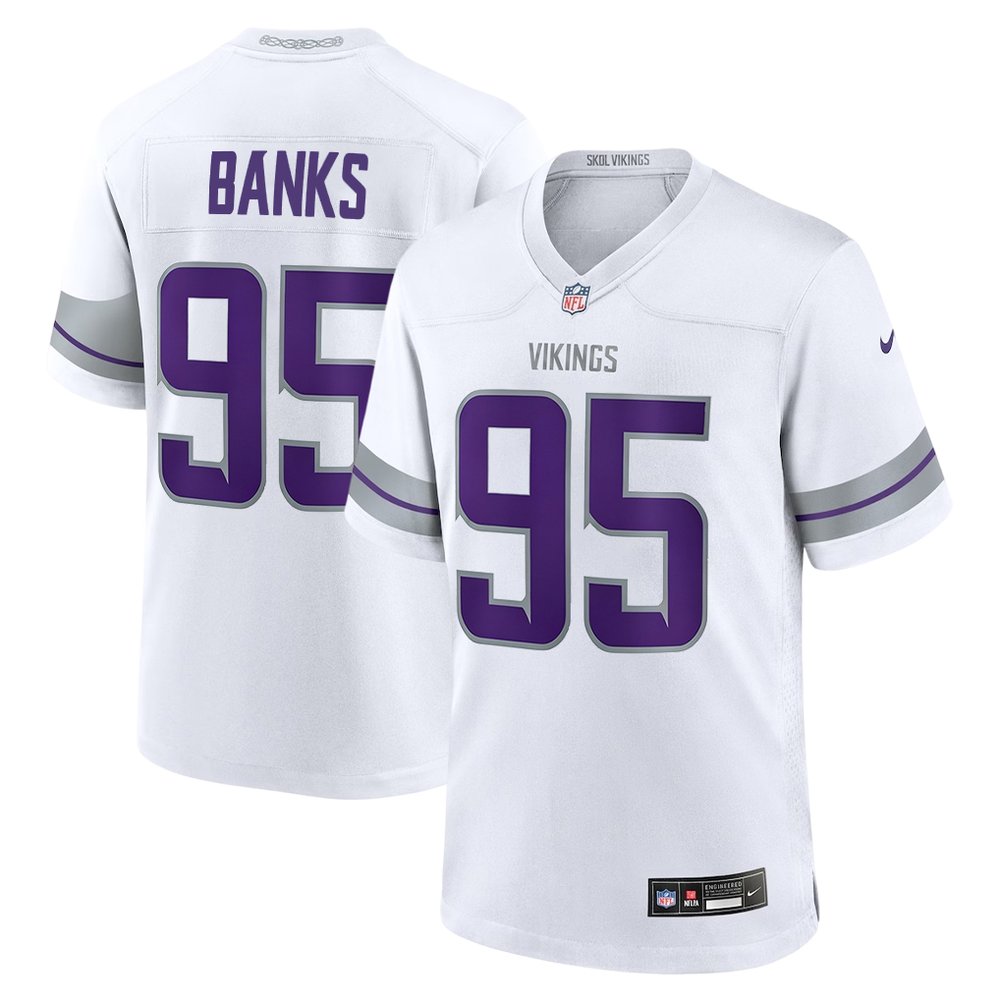 Men's Minnesota Vikings #95 Caleb Banks White 2026 NFL Draft Game Jersey Men's Minnesota Vikings #95 Caleb Banks White 2026 NFL Draft Game Jersey