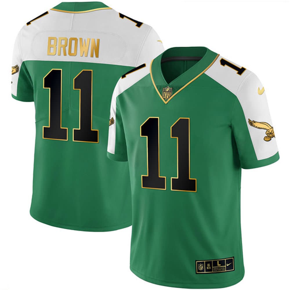 Men's Philadelphia Eagles #11 A.J. Brown Kelly Green Alternate Gold Vapor Limited Jersey Men's Philadelphia Eagles #11 A.J. Brown Kelly Green Alternate Gold Vapor Limited Jersey