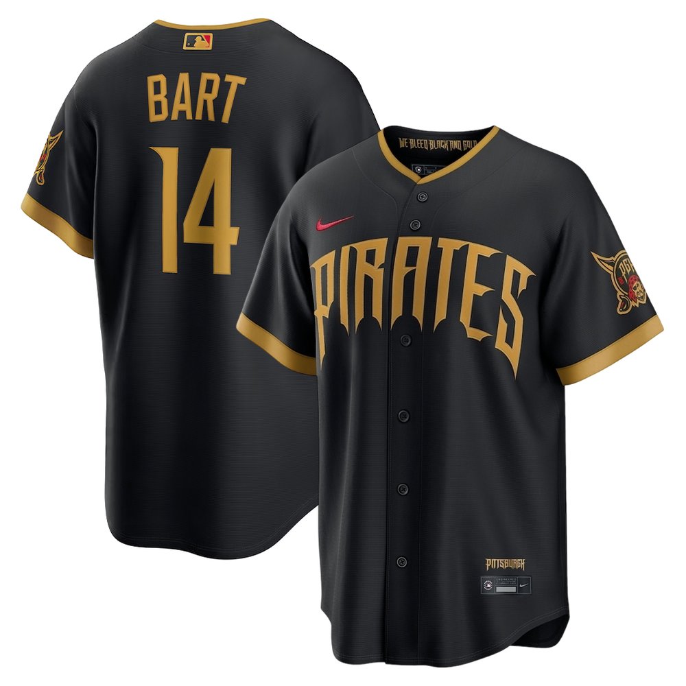 Men's Pittsburgh Pirates #14 Joey Bart Black 2026 City Connect Stitched Jersey Men's Pittsburgh Pirates #14 Joey Bart Black 2026 City Connect Stitched Jersey