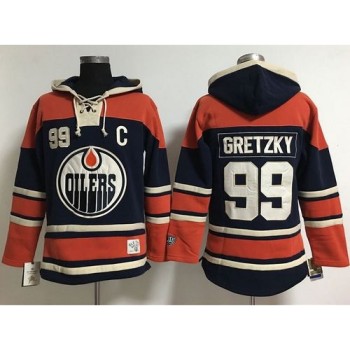 Edmonton Oilers #99 Wayne Gretzky Navy Blue Women's Old Time Lacer NHL Hoodie