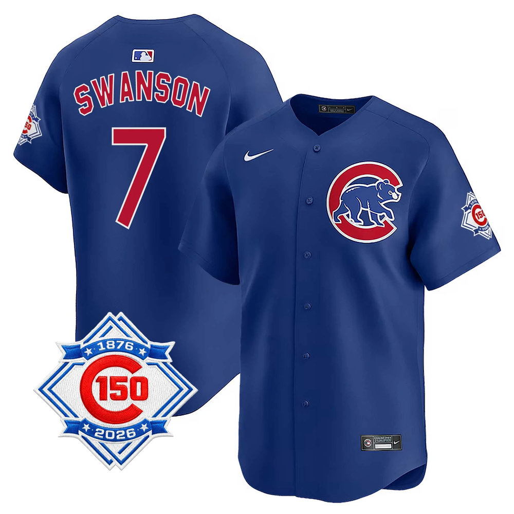 Men's Chicago Cubs #7 Dansby Swanson Royal Nike Alternate Vapor Limited 150th Anniversary Authentic Lettering Jersey Men's Chicago Cubs #7 Dansby Swanson Royal Nike Alternate Vapor Limited 150th Anniversary Authentic Lettering Jersey