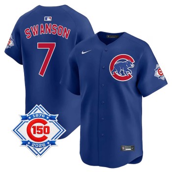 Men's Chicago Cubs #7 Dansby Swanson Royal Nike Alternate Vapor Limited 150th Anniversary Authentic Lettering Jersey Men's Chicago Cubs #7 Dansby Swanson Royal Nike Alternate Vapor Limited 150th Anniversary Authentic Lettering Jersey