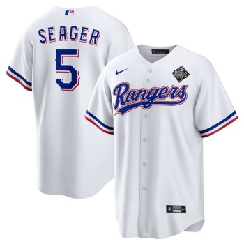 Men's Texas Rangers #5 Corey Seager White 2023 World Series Stitched Baseball Jersey Men's Texas Rangers #5 Corey Seager White 2023 World Series Stitched Baseball Jersey