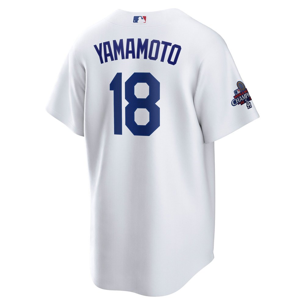 Men's Los Angeles Dodgers #18 Yoshinobu Yamamoto White 2024 World Series Champions Big &Tall Replica Player Jersey