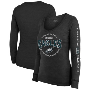 Women's Philadelphia Eagles  Threads Black Super Bowl LIX Champions Highlight Tri-Blend Scoop Neck Long Sleeve T-Shirt Women's Philadelphia Eagles  Threads Black Super Bowl LIX Champions Highlight Tri-Blend Scoop Neck Long Sleeve T-Shirt