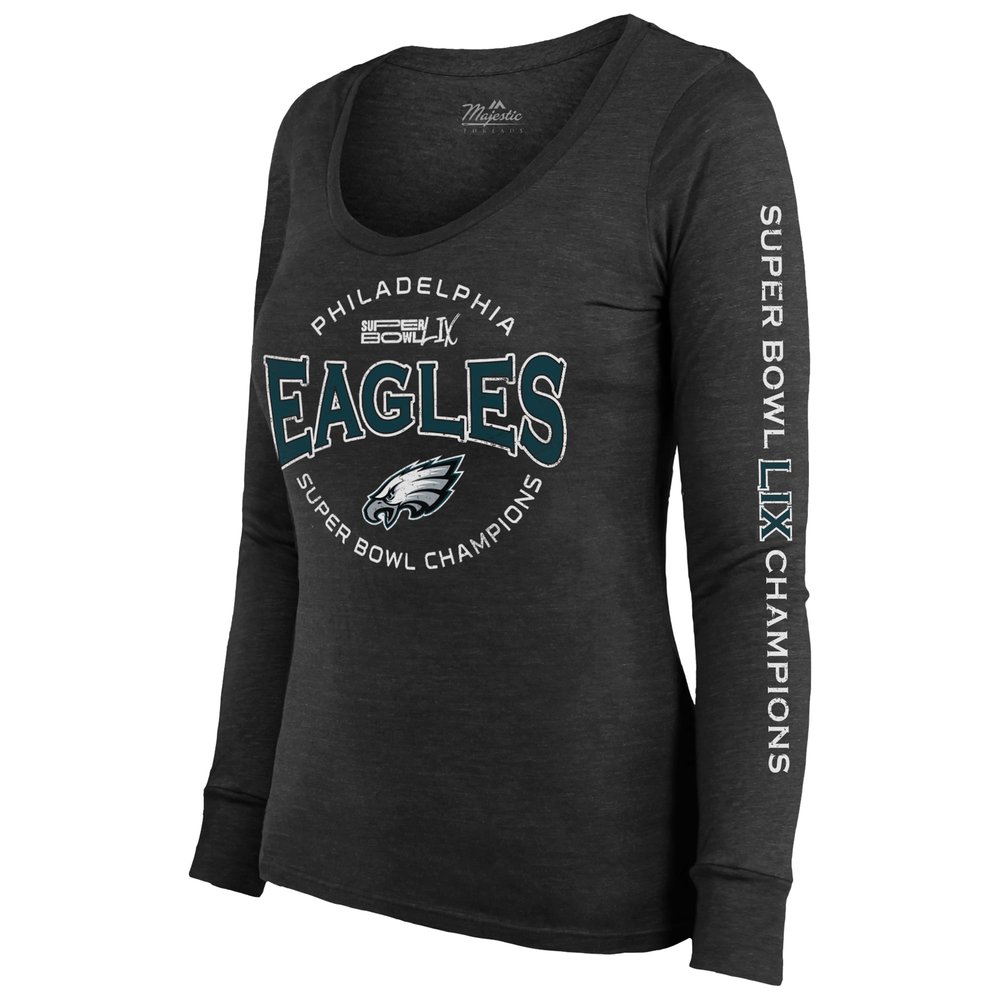 Women's Philadelphia Eagles Threads Black Super Bowl LIX Champions Highlight Tri-Blend Scoop Neck Long Sleeve T-Shirt Women's Philadelphia Eagles Threads Black Super Bowl LIX Champions Highlight Tri-Blend Scoop Neck Long Sleeve T-Shirt