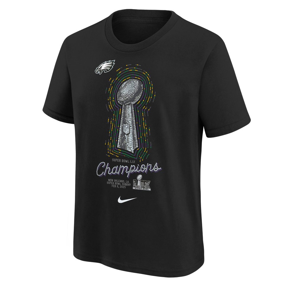 Youth Philadelphia Eagles Black Super Bowl LIX Champions Lombardi Trophy T-Shirt Youth Philadelphia Eagles Black Super Bowl LIX Champions Lombardi Trophy T-Shirt