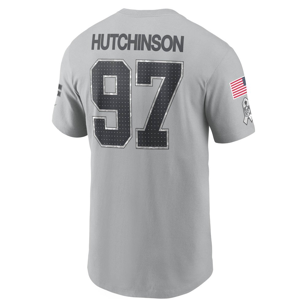 Men's Detroit Lions #97 Aidan Hutchinson Gray 2024 Salute To Service Name & Number T-Shirt