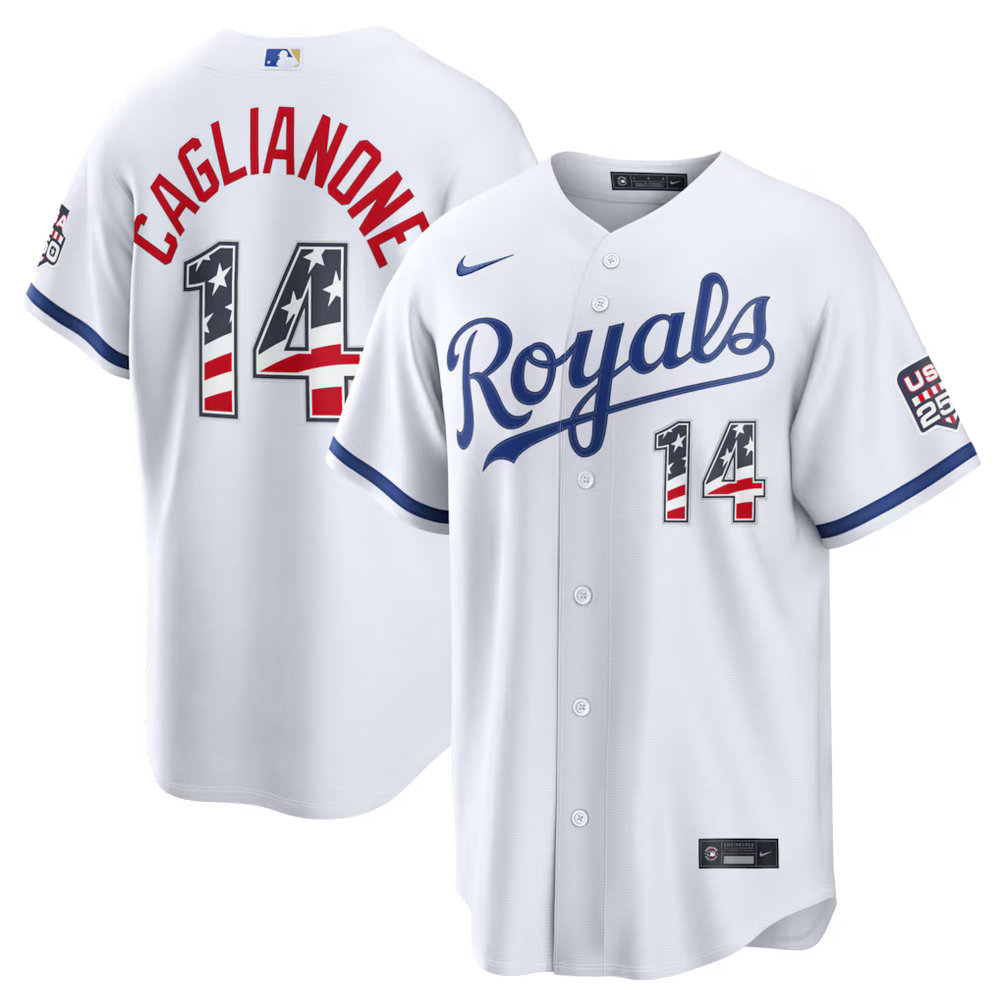 Men's Kansas City Royals #14 Jac Caglianone Nike White USA 250 Fourth of July Home Stadium Jersey Men's Kansas City Royals #14 Jac Caglianone Nike White USA 250 Fourth of July Home Stadium Jersey