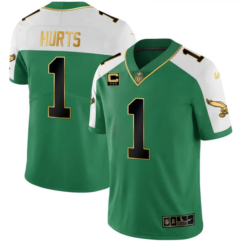 Men's Philadelphia Eagles #1 Jalen Hurts Kelly Green Alternate Gold With 3-Star C Patch Vapor Limited Jersey Men's Philadelphia Eagles #1 Jalen Hurts Kelly Green Alternate Gold With 3-Star C Patch Vapor Limited Jersey