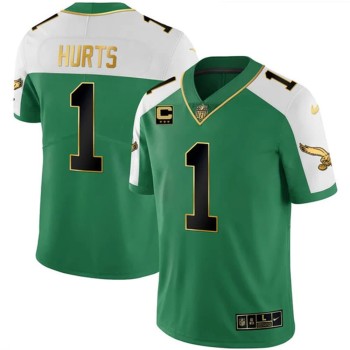 Men's Philadelphia Eagles #1 Jalen Hurts Kelly Green Alternate Gold With 3-Star C Patch Vapor Limited Jersey Men's Philadelphia Eagles #1 Jalen Hurts Kelly Green Alternate Gold With 3-Star C Patch Vapor Limited Jersey