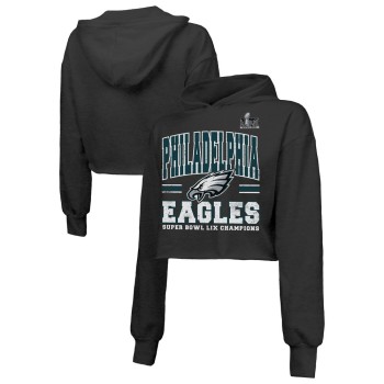 Women's Philadelphia Eagles  Threads Black Super Bowl LIX Champions Fair Catch Tri-Blend Cropped Pullover Hoodie Women's Philadelphia Eagles  Threads Black Super Bowl LIX Champions Fair Catch Tri-Blend Cropped Pullover Hoodie