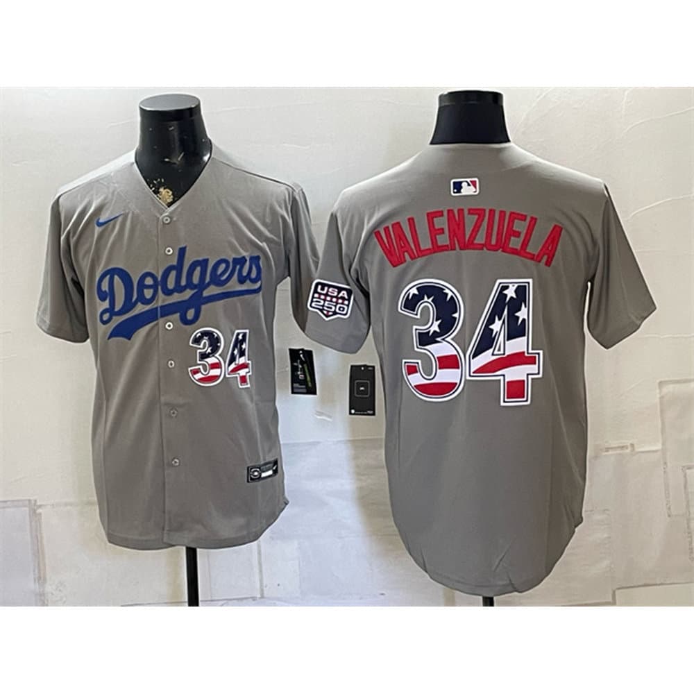 Men's Los Angeles Dodgers #34 Fernando Valenzuela Gray USA 250 Fourth of July Jersey Men's Los Angeles Dodgers #34 Fernando Valenzuela Gray USA 250 Fourth of July Jersey