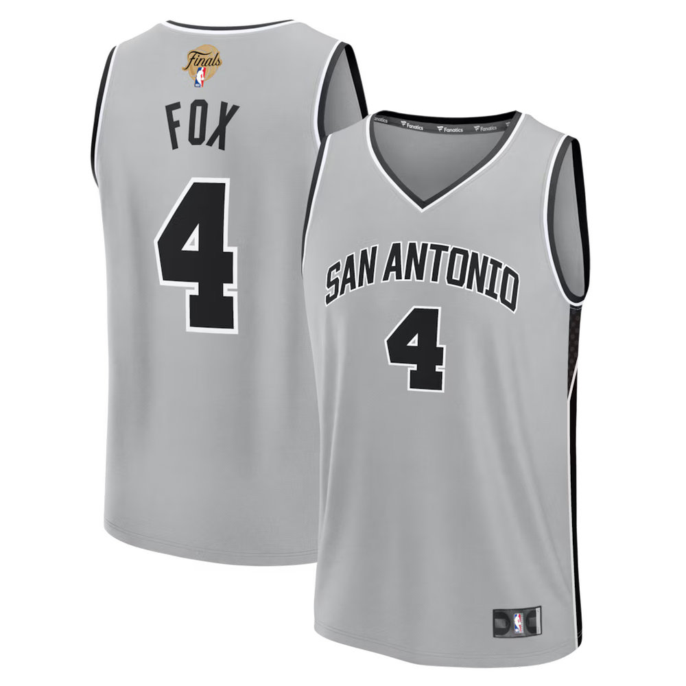 Men's San Antonio Spurs #4 De'Aaron Fox Silver 2026 NBA Finals Patch Fast Break Statement Edition Jersey Men's San Antonio Spurs #4 De'Aaron Fox Silver 2026 NBA Finals Patch Fast Break Statement Edition Jersey