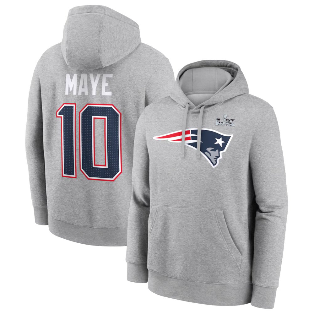 Men's New England Patriots #10 Drake Maye Heather Gray Super Bowl LX Patch Name & Number Hoodie