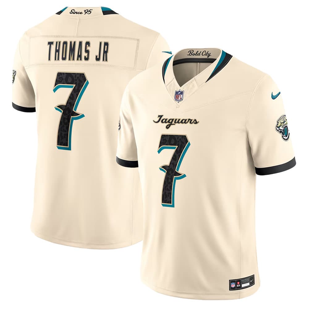 Men's Jacksonville Jaguars #7 Brian Thomas Jr Cream 2026 Rivalries Collection Vapor F.U.S.E. Limited Jersey Men's Jacksonville Jaguars #7 Brian Thomas Jr Cream 2026 Rivalries Collection Vapor F.U.S.E. Limited Jersey