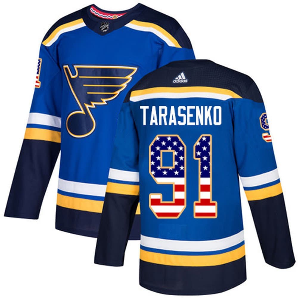 Men's St. Louis Blues #91 Vladimir Tarasenko Blue USA Flag Hockey Stitched Baseball Jersey Men's St. Louis Blues #91 Vladimir Tarasenko Blue USA Flag Hockey Stitched Baseball Jersey