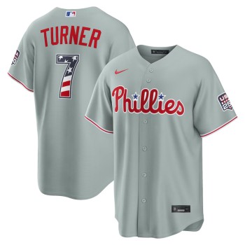 Men's Philadelphia Phillies #7 Trea Turner Nike Gray USA 250 Fourth of July Road Stadium Jersey Men's Philadelphia Phillies #7 Trea Turner Nike Gray USA 250 Fourth of July Road Stadium Jersey