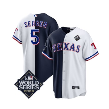 Men's Texas Rangers & Cowboys #5 Corey Seager Navy/White 2023 World Series Splite Stitched Baseball Jersey Men's Texas Rangers & Cowboys #5 Corey Seager Navy/White 2023 World Series Splite Stitched Baseball Jersey