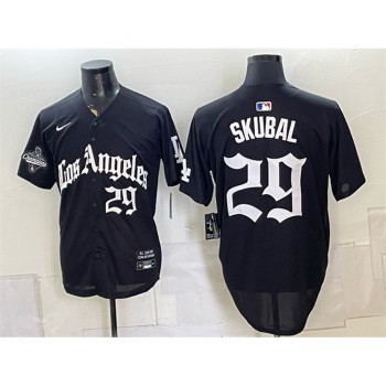 Men's Los Angeles Dodgers #29 Tarik Skubal Black LA Gothic Style 2025 World Series Champions Patch Limited Jersey